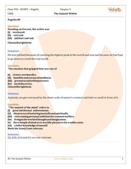 NCERT Solutions For Class 8 English Honeydew Chapter 5 The Summit Within