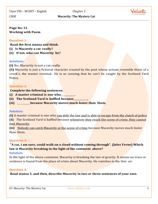 NCERT Solutions For Class 8 English Honeydew Chapter 3 Poem Macavity