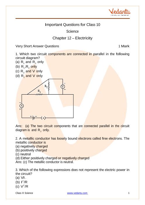 Cbse Class Science Important Questions For Chapter Electricity