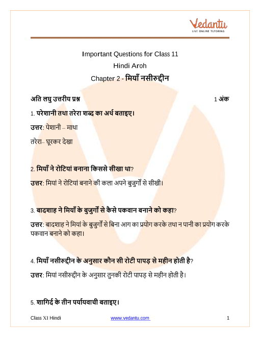 Important Questions For CBSE Class 11 Hindi Aroh Chapter 2 Miyan