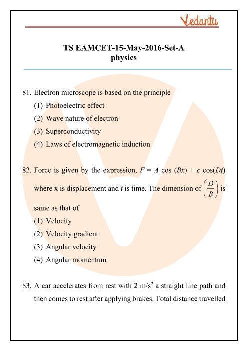 Ts Eamcet Physics Previous Year Question Papers With Solutions