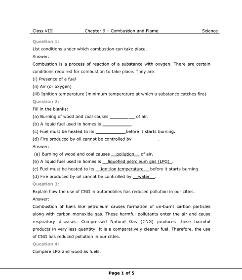 Ncert Solutions For Class 8 Science Chapter 6 Bustion And Flame