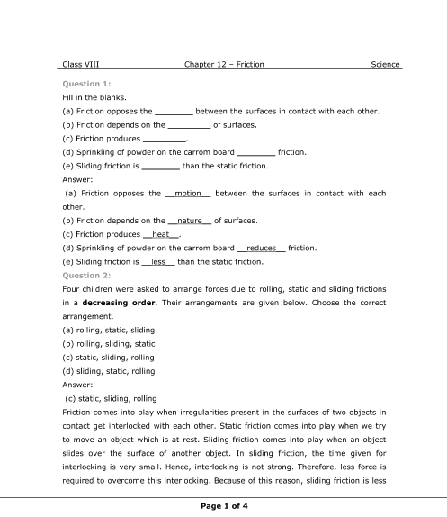 class 8 science chapter 9 friction exercise solutions