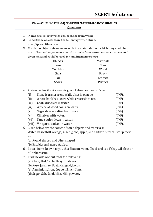 ncert solutions for class 6 science chapter 4 sorting materials into