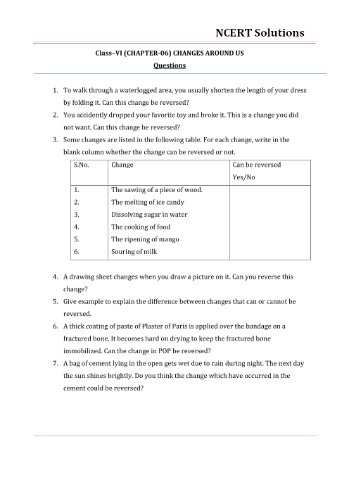 ncert solutions for class 6 science chapter 6 changes around us