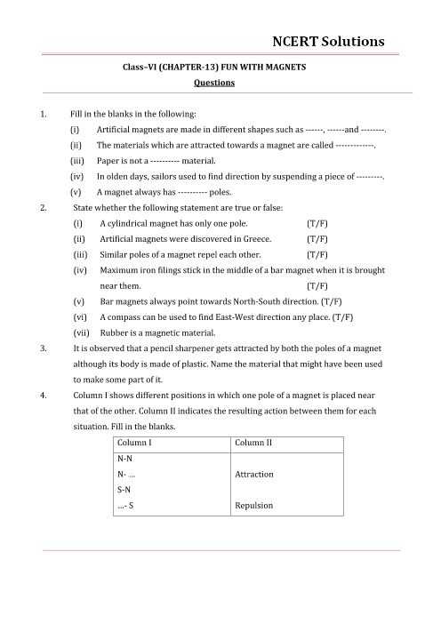 ncert solutions for class 6 science chapter 13 fun with magnets free pdf