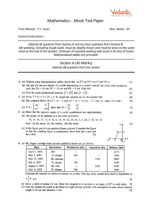 board class maths worksheets mental for 4 icse Mock Question Sample  Papers 10 4  for Maths ICSE Paper Class