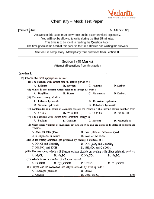 ICSE Sample Question Papers for Class 10 Chemistry Mock Paper 3