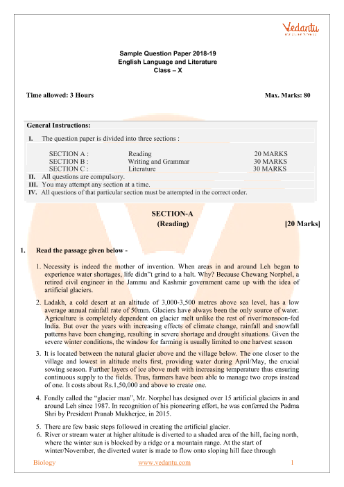 CBSE Sample Question Papers For Class 10 English Language Literature 