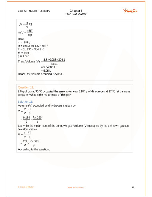 Ncert Solutions For Class 11 Chemistry Chapter 5 States Of Matter Free Pdf