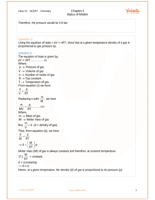 Ncert Solutions For Class 11 Chemistry Chapter 5 States Of Matter Free Pdf