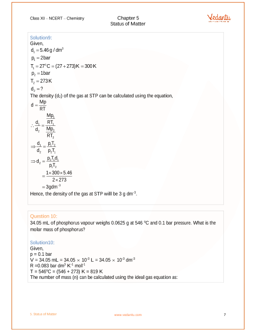 Ncert Solutions For Class 11 Chemistry Chapter 5 States Of Matter Free Pdf