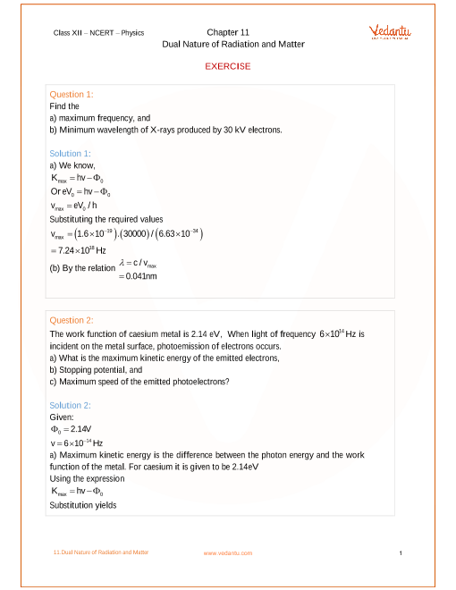 Ncert Solutions For Class 12 Physics Chapter 11 Dual Nature - 