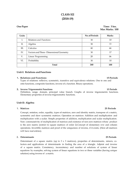 Cbse Syllabus For Class 12 Maths 2018 2019 Board Exam