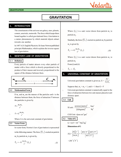 Class 11 Physics Revision Notes For Chapter 8 - Gravitation