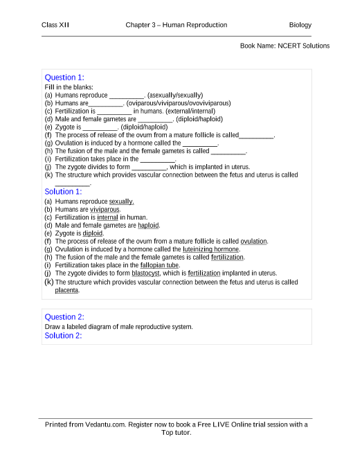 Ncert Books Free Download For Class 12 Biology Chapter 3 Human Reproduction