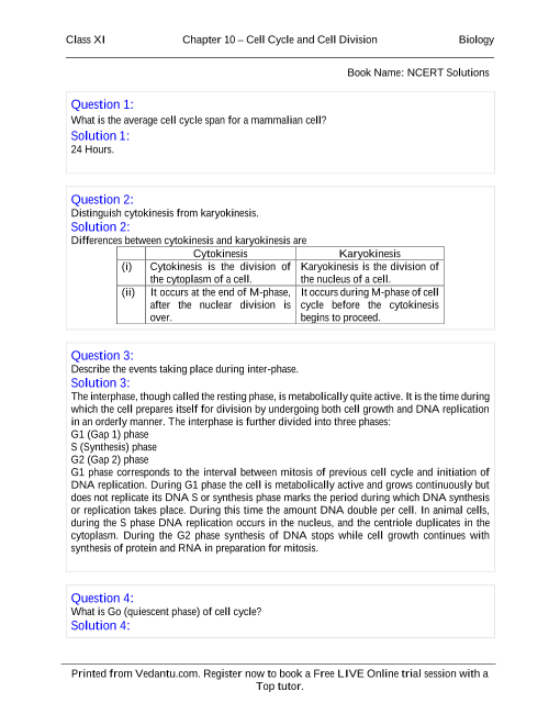 NCERT Books Free Download for Class 11 Biology Chapter 10 - Cell Cycle ...