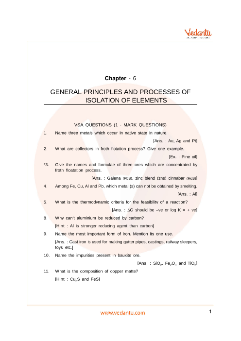 Important Questions For Cbse Class 12 Chemistry Chapter 6 General Principles And Processes Of Isolation Of Elements