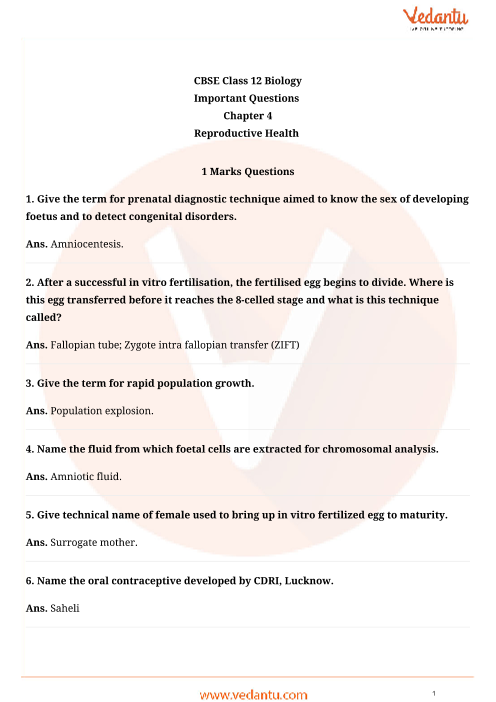 Important Questions For Cbse Class 12 Biology Chapter 4 Reproductive Health