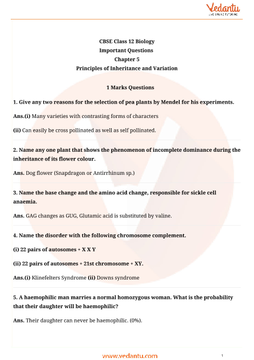 Important Questions for CBSE Class 12 Biology Chapter 5  Principles of