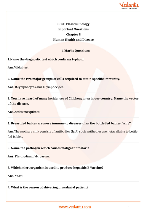 Important Questions For Cbse Class 12 Biology Chapter 8 Human Health And Disease