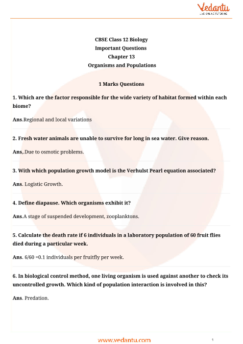 Important Questions For Cbse Class 12 Biology Chapter 13 Anisms And Populations