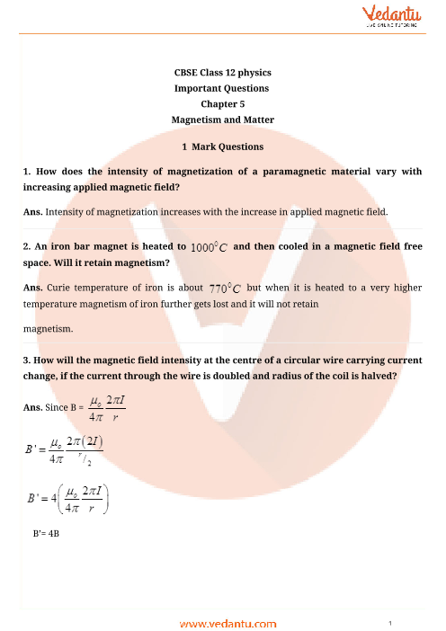 Important Questions For Cbse Class 12 Physics Chapter 5 Magism And Matter