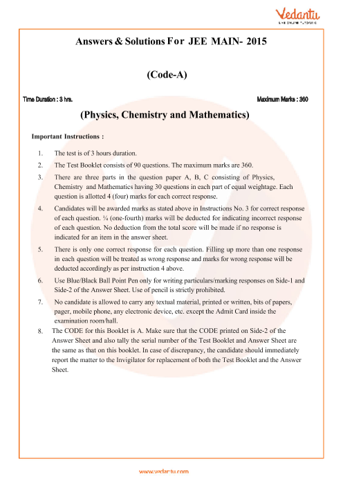 JEE Main 2015 Set-A Question Paper With Answer Keys - Free PDF Download