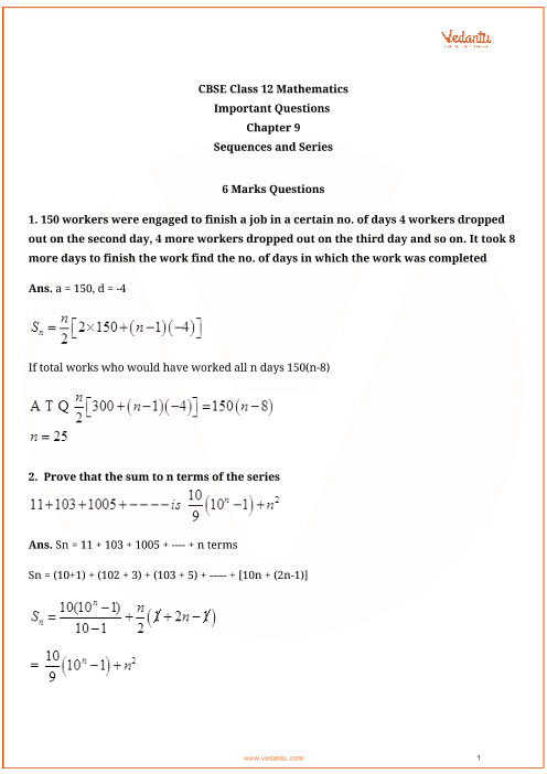 Important Questions for CBSE Class 11 Maths Chapter 9 - Sequences and