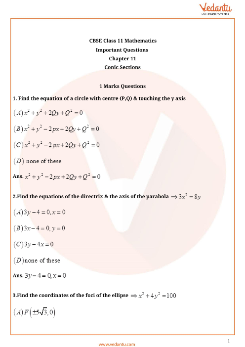 important-questions-for-cbse-class-11-maths-chapter-11-conic-sections