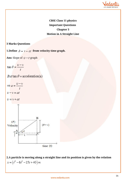 Important Questions For Cbse Class 11 Physics Chapter 3 Motion In A Straight Line