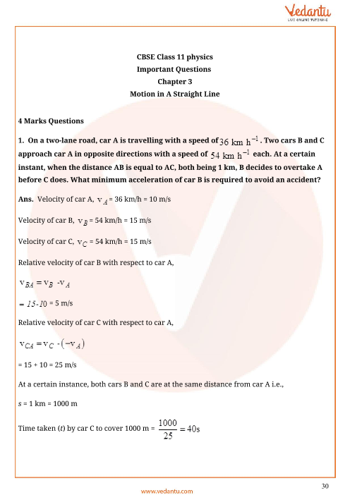 Important Questions For Cbse Class 11 Physics Chapter 3 Motion In A Straight Line