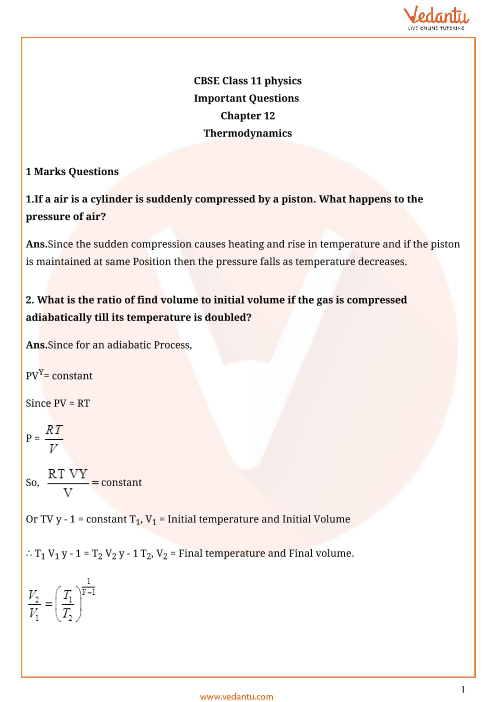 Important Questions For Cbse Class 11 Physics Chapter 12 Thermodynamics