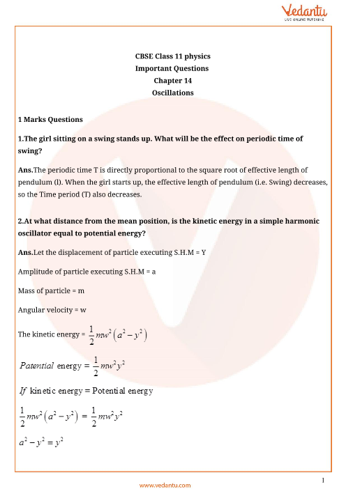 Important Questions For Cbse Class 11 Physics Chapter 14 Oscillations 