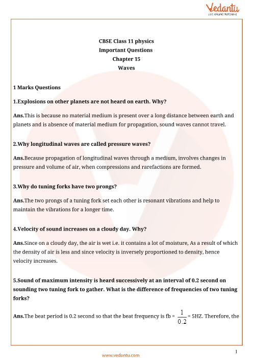 Important Questions For Cbse Class 11 Physics Chapter 15 Waves