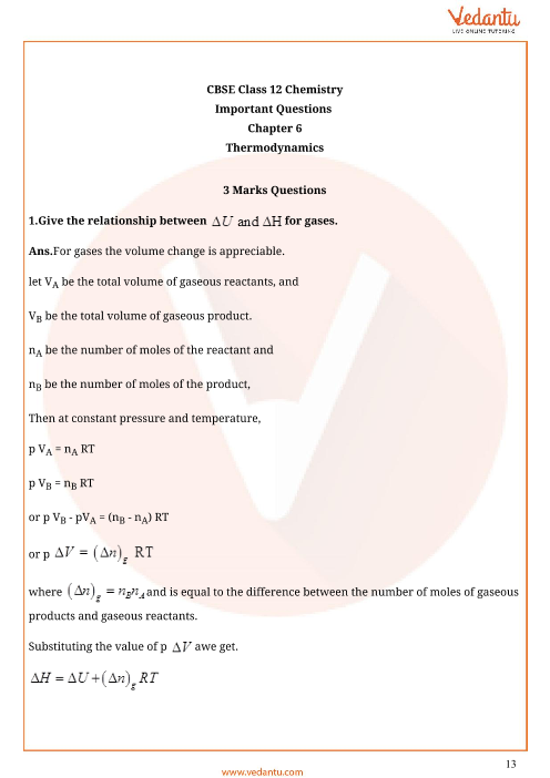 Important Questions For Cbse Class 11 Chemistry Chapter 6 Thermodynamics