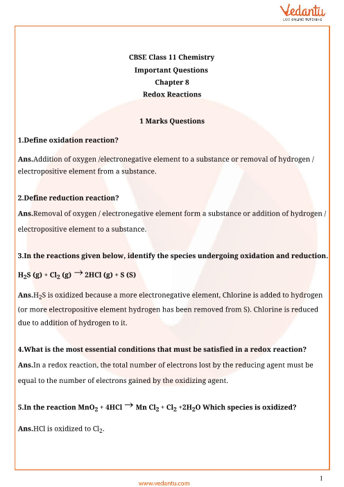 Important Questions For Cbse Class 11 Chemistry Chapter 8 Redox Reactions