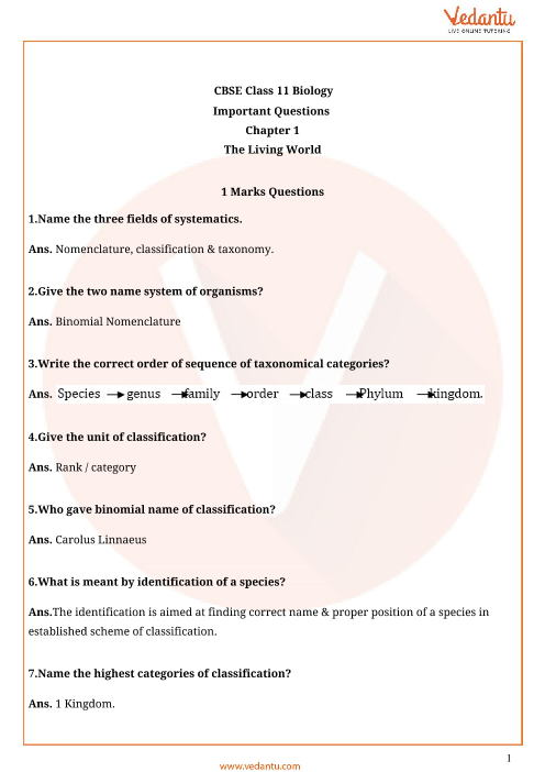 Important Questions For CBSE Class 11 Biology Chapter 1 The Living World