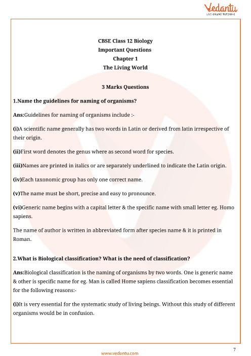 Important Questions For Cbse Class 11 Biology Chapter 1 The Living World