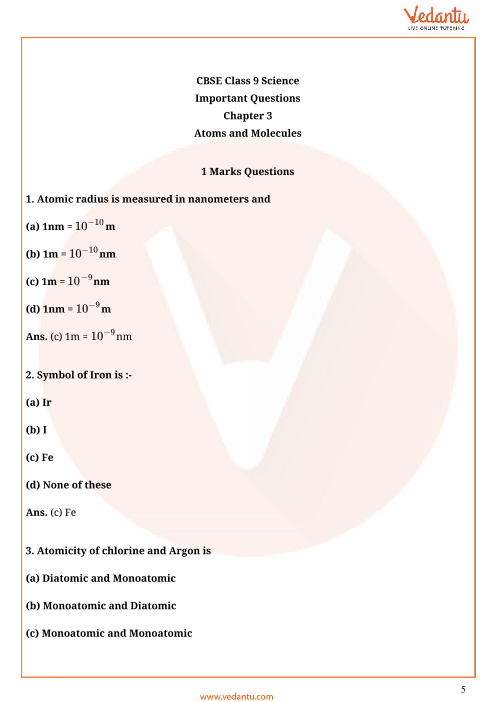 Important Questions For Cbse Class 9 Science Chapter 3 Atoms And Molecules