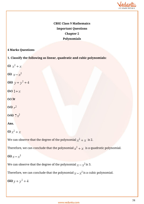 Important Questions For Cbse Class 9 Maths Chapter 2 Polynomials