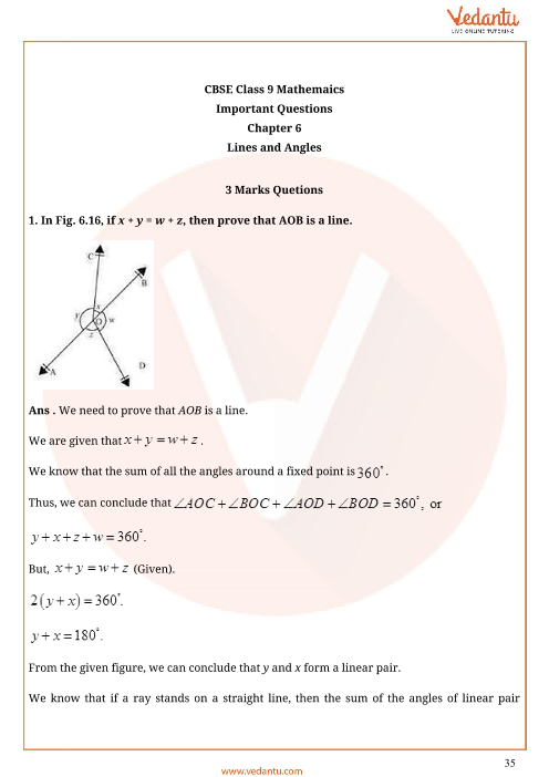 Important Questions For Cbse Class 9 Maths Chapter 6 Lines And Angles