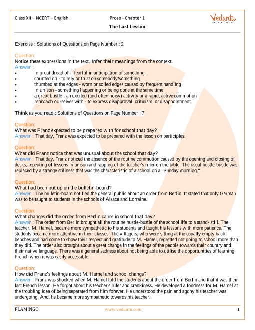 ncert solutions for class 12 english flamingo chapter 1 the last lesson