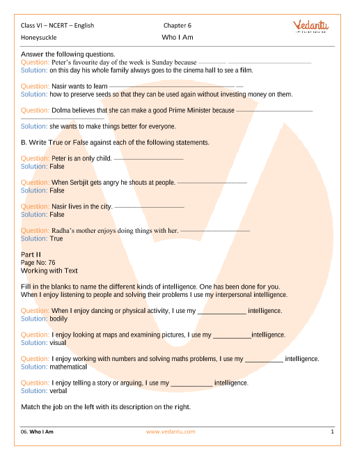 NCERT Solutions For Class 6 English Honeysuckle Chapter 6 Who I Am