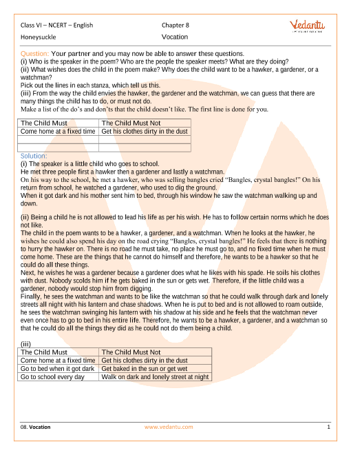 ncert solutions for class 6 english honeysuckle chapter 8 poem vocation