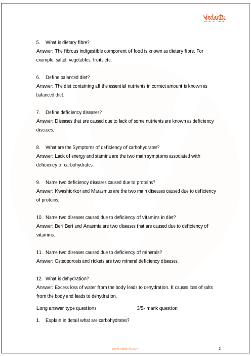 Important Questions For Cbse Class 6 Science Chapter 2 Components Of Food