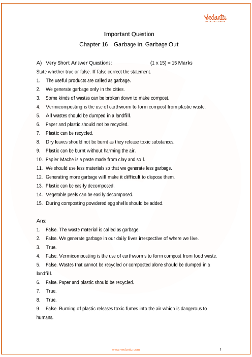 Important Questions for CBSE Class 6 Science Chapter 16 - Garbage In ...