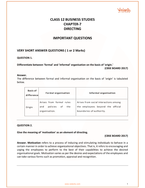 class 12 business studies chapter 7 important questions