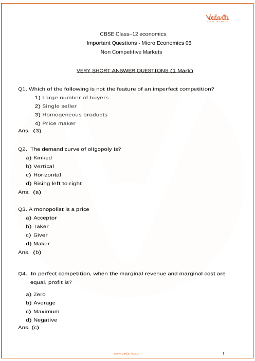 Important Questions for CBSE Class 12 Micro Economics Chapter 6 - Non ...