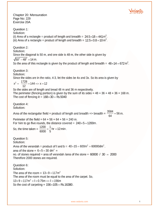 RS Aggarwal Class 7 Solutions Chapter-20 Mensuration